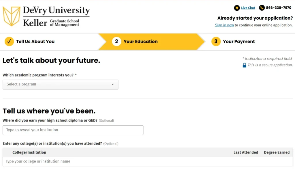 Devry Admission application