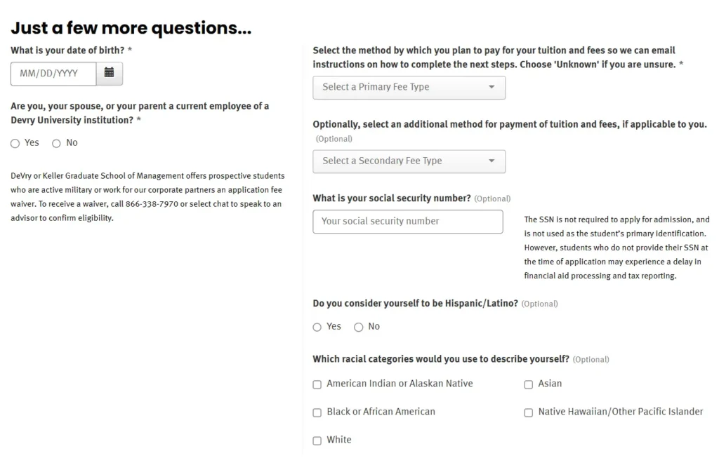 Devry application details